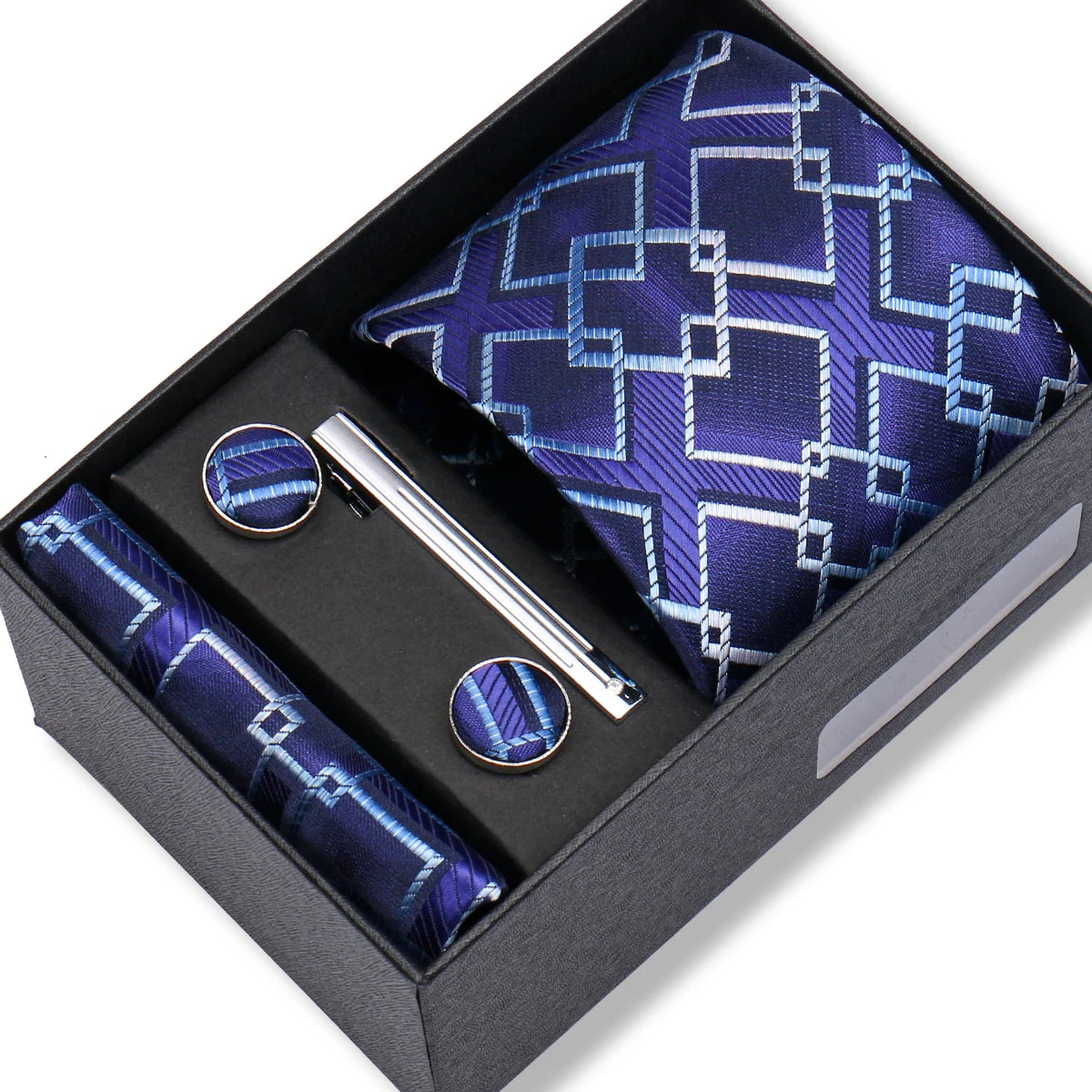 Herren Jacquard-Krawatten-Set 8 cm – Elegante Krawatte mit Einstecktuch, Manschettenknöpfen & Krawattenklammer | Luxus-Geschenkbox für Hochzeit & Business