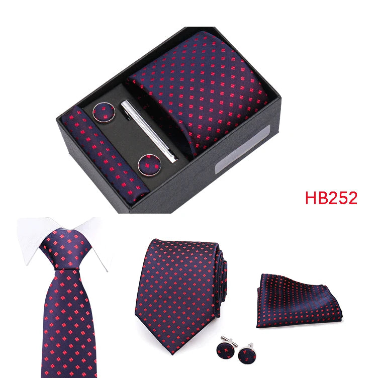 Herren Jacquard-Krawatten-Set 8 cm – Elegante Krawatte mit Einstecktuch, Manschettenknöpfen & Krawattenklammer | Luxus-Geschenkbox für Hochzeit & Business