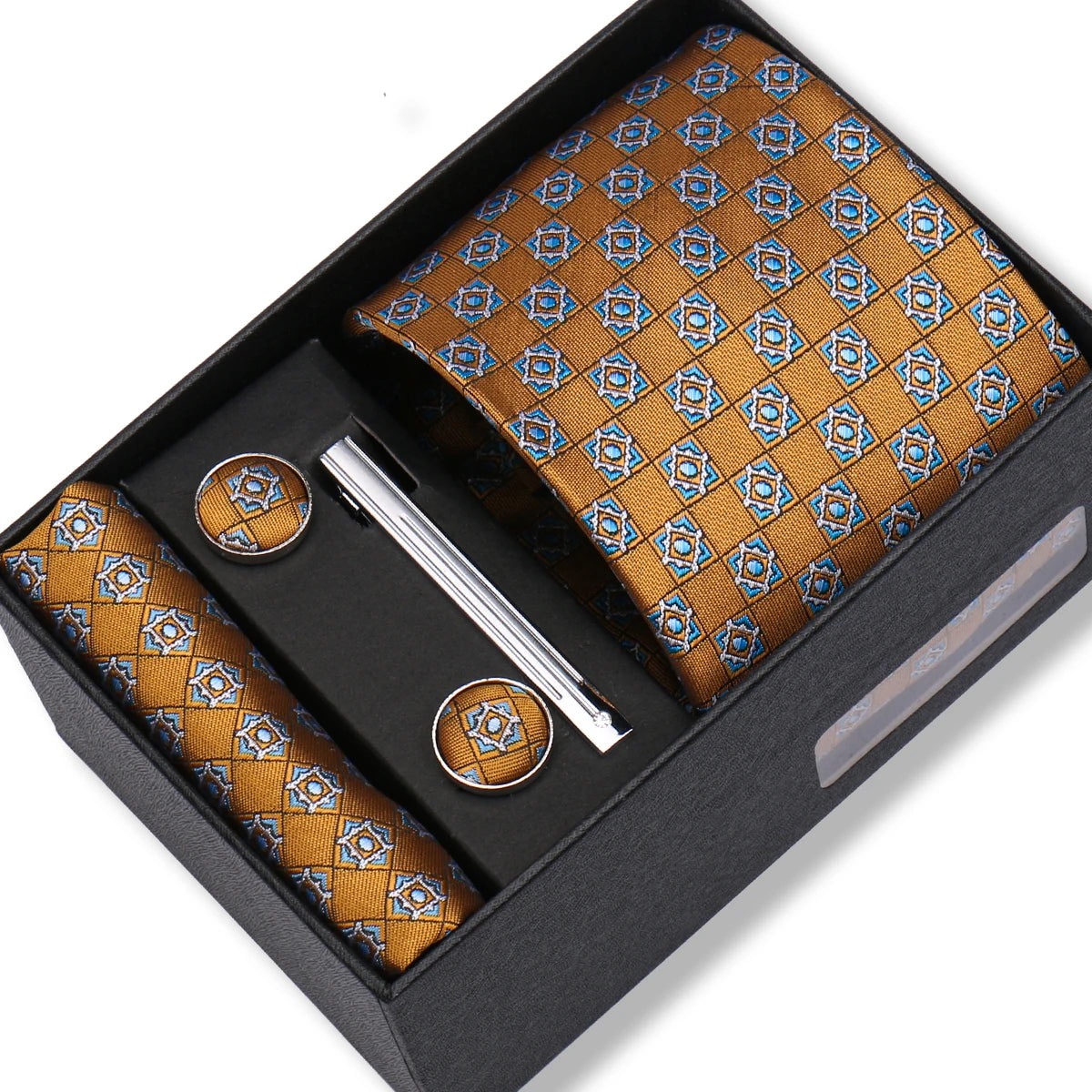 Herren Jacquard-Krawatten-Set 8 cm – Elegante Krawatte mit Einstecktuch, Manschettenknöpfen & Krawattenklammer | Luxus-Geschenkbox für Hochzeit & Business