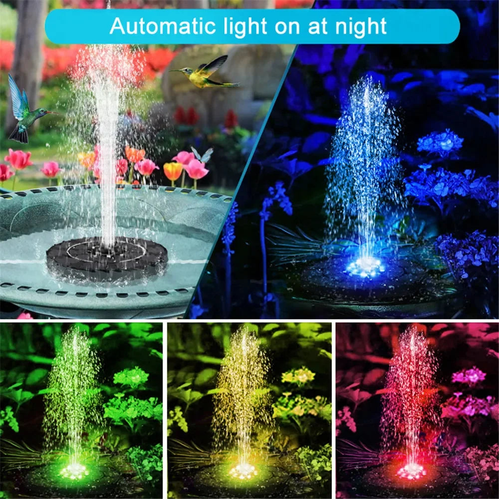 Solar-Wasserbrunnenpumpe mit 12 LED-Lichtern – Schwimmende Solar-Fontäne mit 9 Düsen für Vogelbad & Gartenteich Kaufschwan®