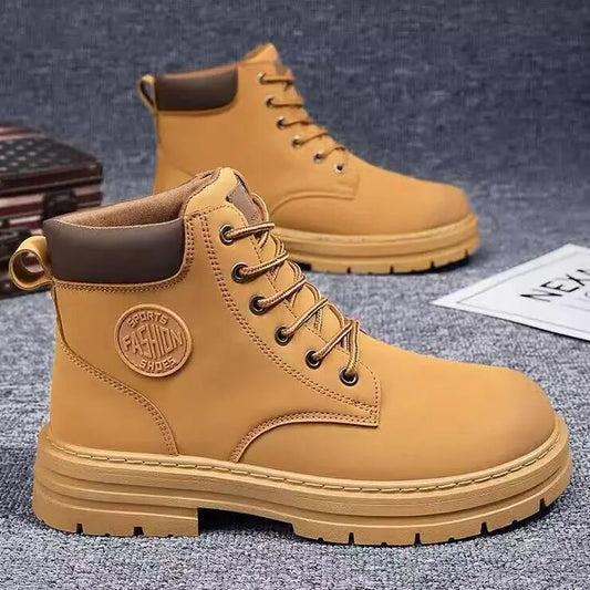Herren Herbst-Stiefel – Modische Hohe Motorrad-Lederschuhe | Bequeme Outdoor-Schnürstiefel für Freizeit & Alltag Kaufschwan® Gelb 39