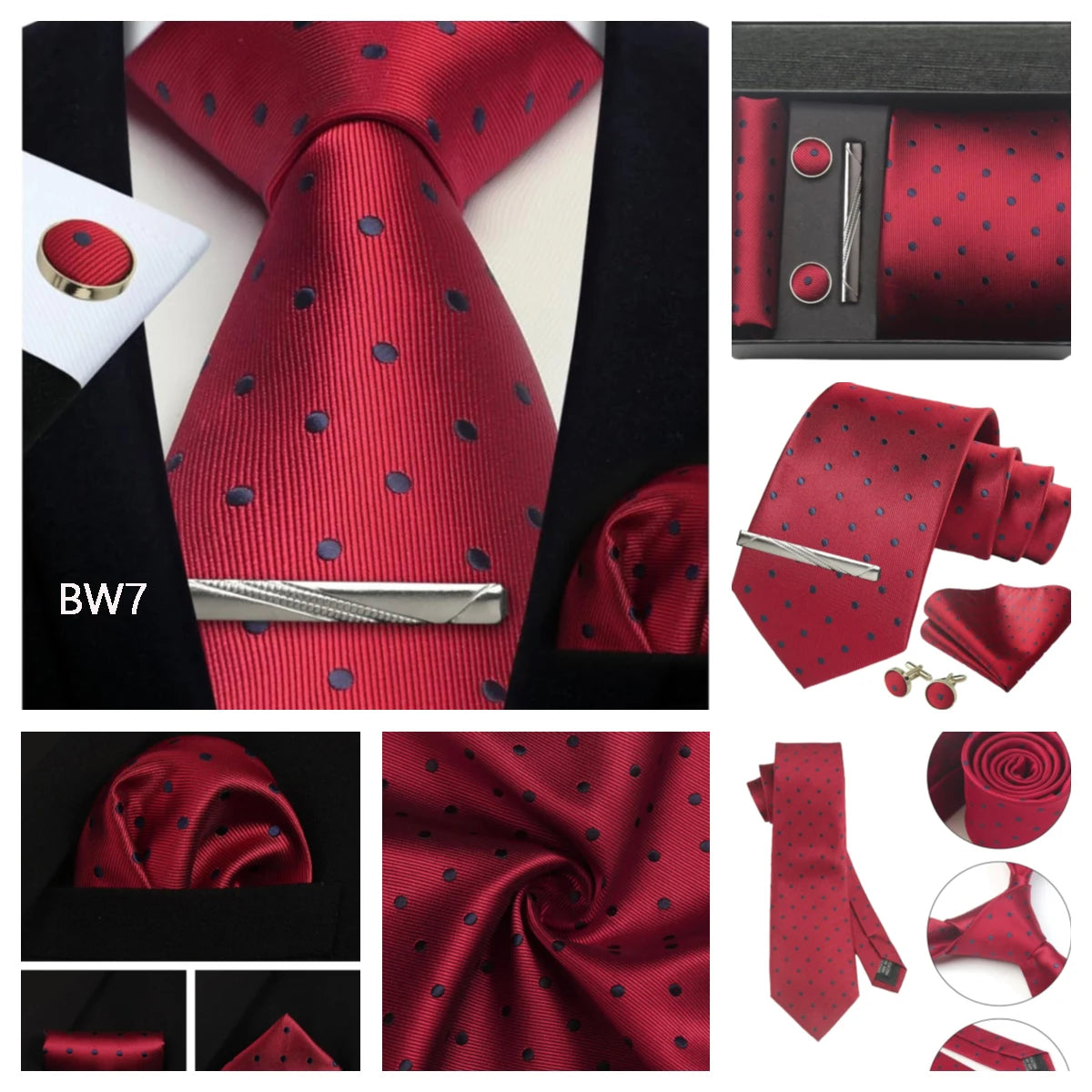 Herren Krawatten-Set aus 100% Seide – 8 cm Krawatte mit Einstecktuch & Manschettenknöpfen | Klassisches Geschenkset für Business & Hochzeit