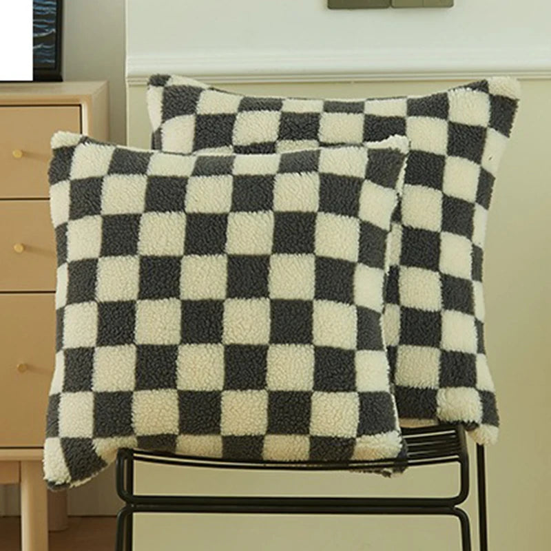 Schwarzer Kunstfell Woll Kissenbezug | Karierter Bezug für Sofa, Couch & Wohnzimmer | Wohnraum-Deko Kaufschwan® Grau 45x45cm