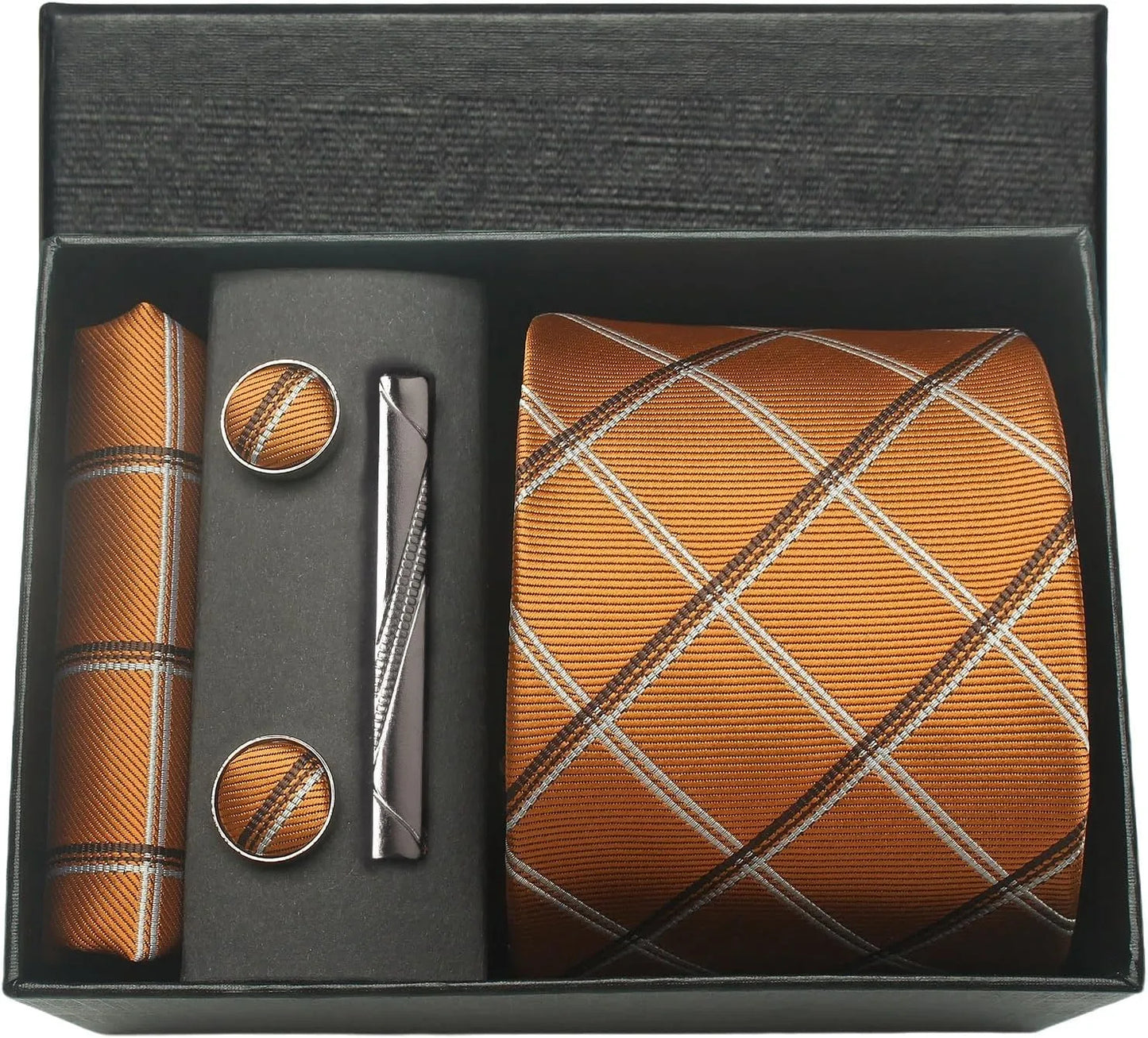 Herren Krawatten-Set aus 100% Seide – 8 cm Krawatte mit Einstecktuch & Manschettenknöpfen | Klassisches Geschenkset für Business & Hochzeit