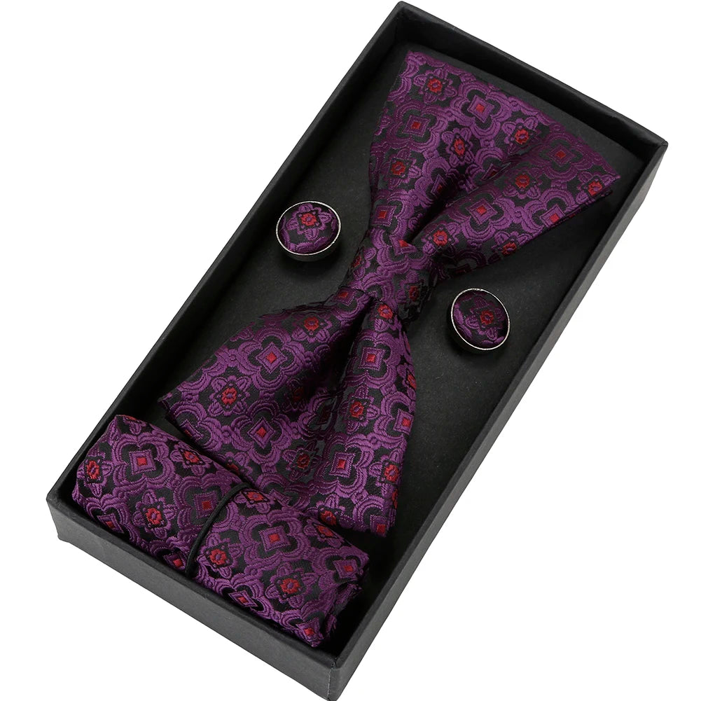 Herren Fliegen-Set mit Blumen-Paisley-Muster – 3-teiliges Geschenkset mit Fliege, Einstecktuch & Manschettenknöpfen | Elegantes Accessoire für Hochzeit & Business