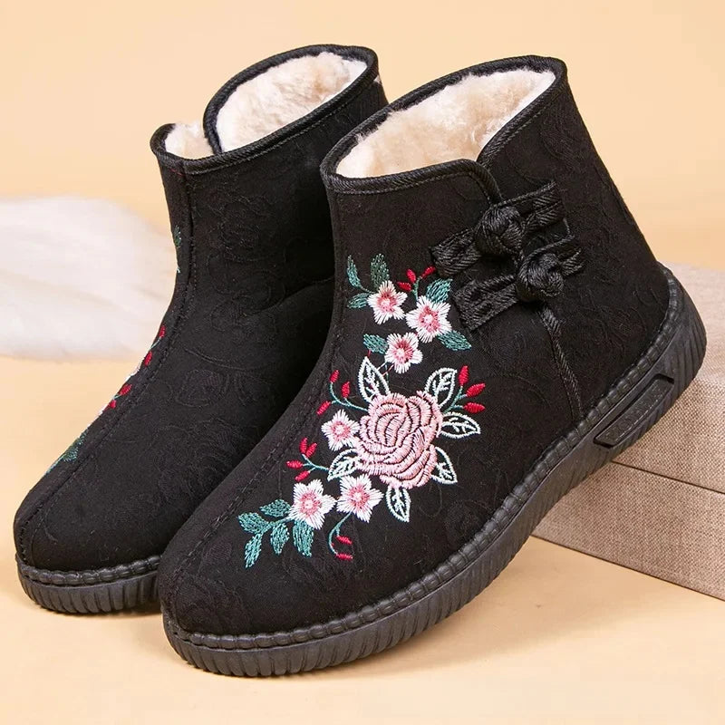 Damen Bestickte Schneestiefel – Mittelhohe Baumwollstiefel mit Kunstfell Fleece Futter | Warme Winter Schuhe für Mütter