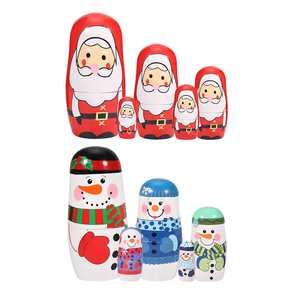 5 Stück Handbemalte Weihnachts-Matrjoschka – Holz-Nestpuppen Set | Niedliche Dekoration & Geschenk für Kinder