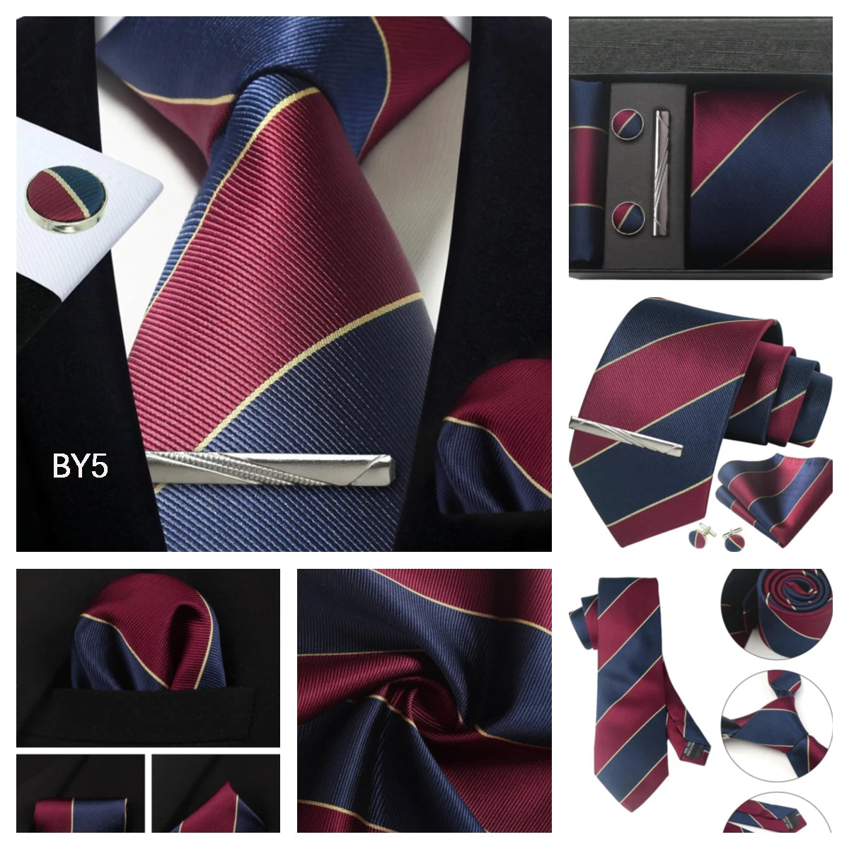 Herren Krawatten-Set aus 100% Seide – 8 cm Krawatte mit Einstecktuch & Manschettenknöpfen | Klassisches Geschenkset für Business & Hochzeit