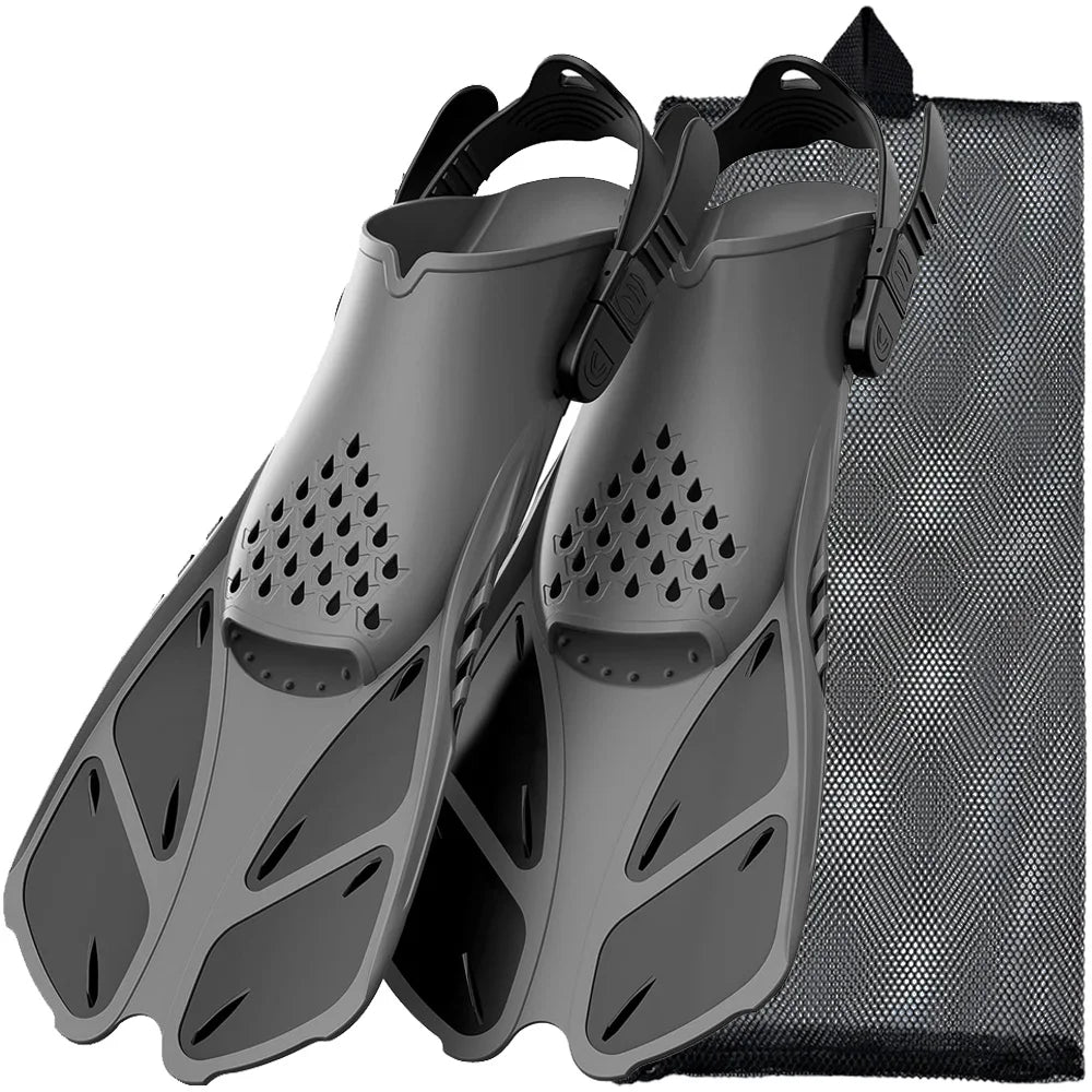 Schnorchelflossen mit verstellbaren Schnallen | Kurze Silikon Schwimmflossen | Offene Ferse Tauchschuhe für Erwachsene Herren & Damen Kaufschwan® Schwarz/Grau L/XL