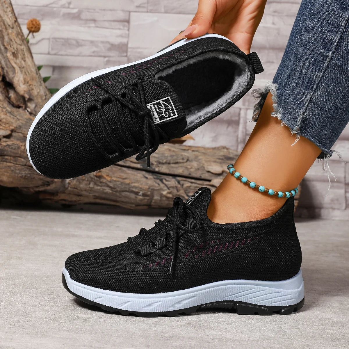Damen Sportschuhe – Atmungsaktive Slip-On Freizeitschuhe mit Kunstfell Futter | Weiche Rutschfeste Winter Schuhe