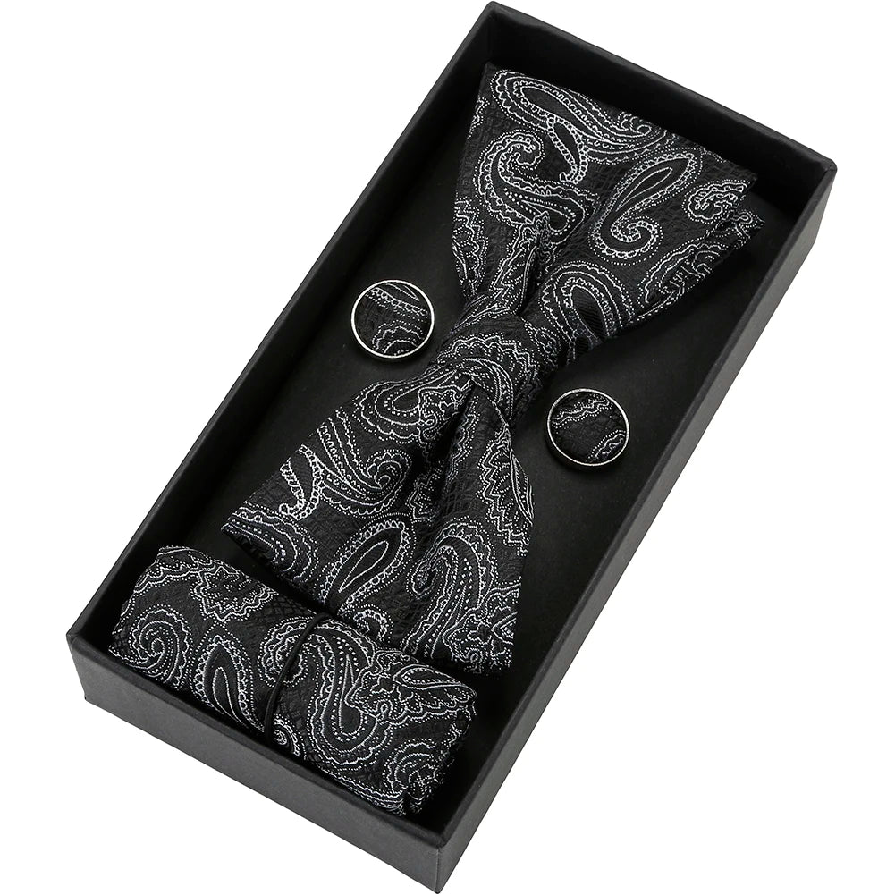 Herren Fliegen-Set mit Blumen-Paisley-Muster – 3-teiliges Geschenkset mit Fliege, Einstecktuch & Manschettenknöpfen | Elegantes Accessoire für Hochzeit & Business Kaufschwan® Schwarz-Grau