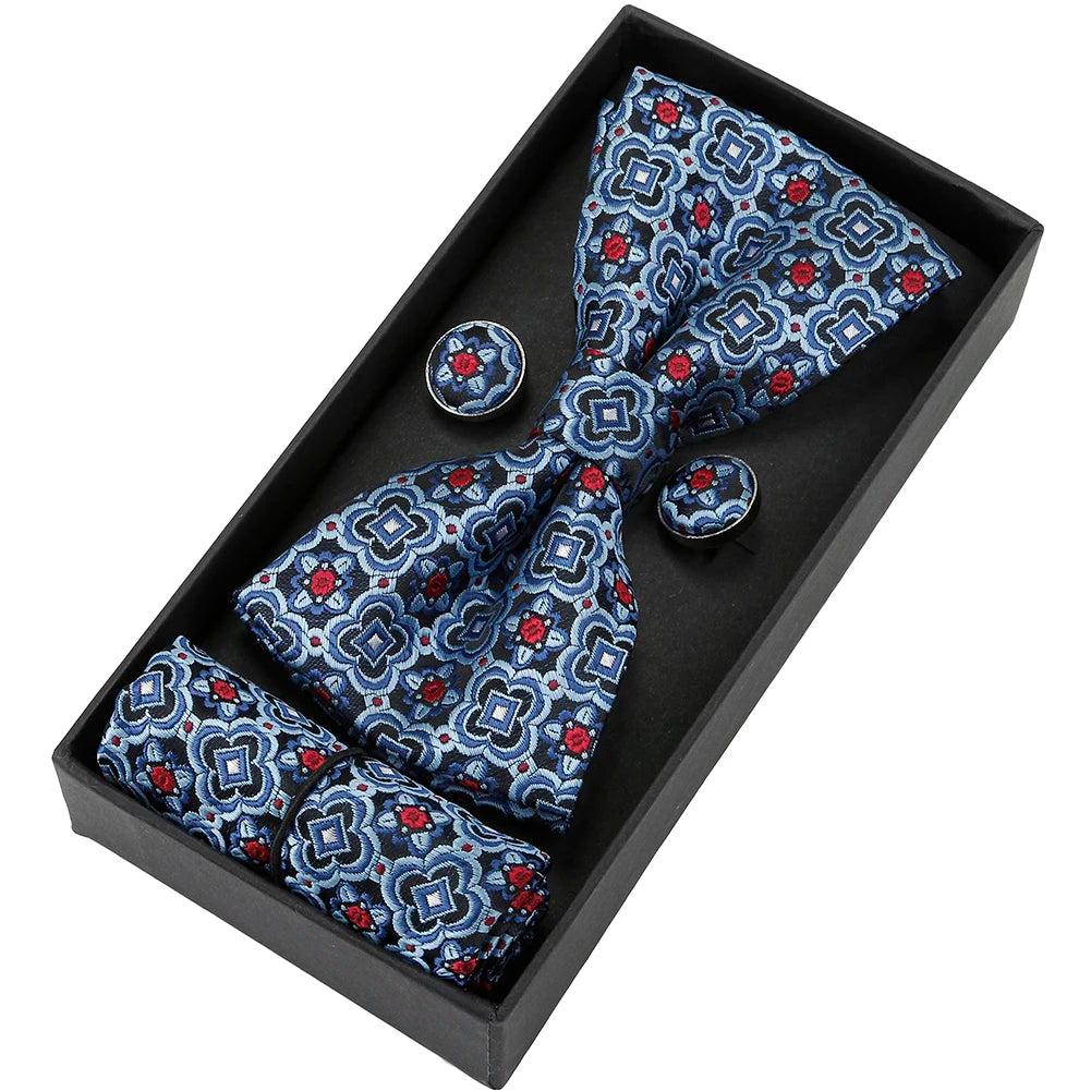 Herren Fliegen-Set mit Blumen-Paisley-Muster – 3-teiliges Geschenkset mit Fliege, Einstecktuch & Manschettenknöpfen | Elegantes Accessoire für Hochzeit & Business