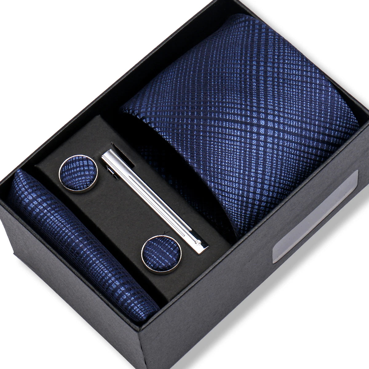 Herren Jacquard-Krawatten-Set 8 cm – Elegante Krawatte mit Einstecktuch, Manschettenknöpfen & Krawattenklammer | Luxus-Geschenkbox für Hochzeit & Business