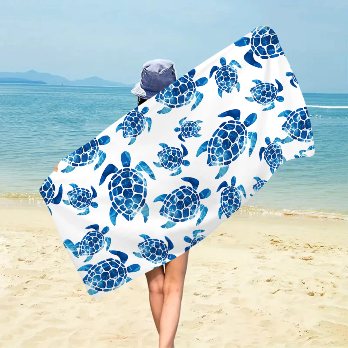 Großes Strandtuch mit Ozean-Motiv – Schildkröte, Seestern & Muschel Print | Schnell Trocknendes Saugfähiges Mikrofaser Strandtuch