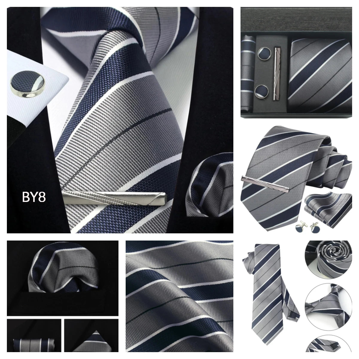 Herren Krawatten-Set aus 100% Seide – 8 cm Krawatte mit Einstecktuch & Manschettenknöpfen | Klassisches Geschenkset für Business & Hochzeit
