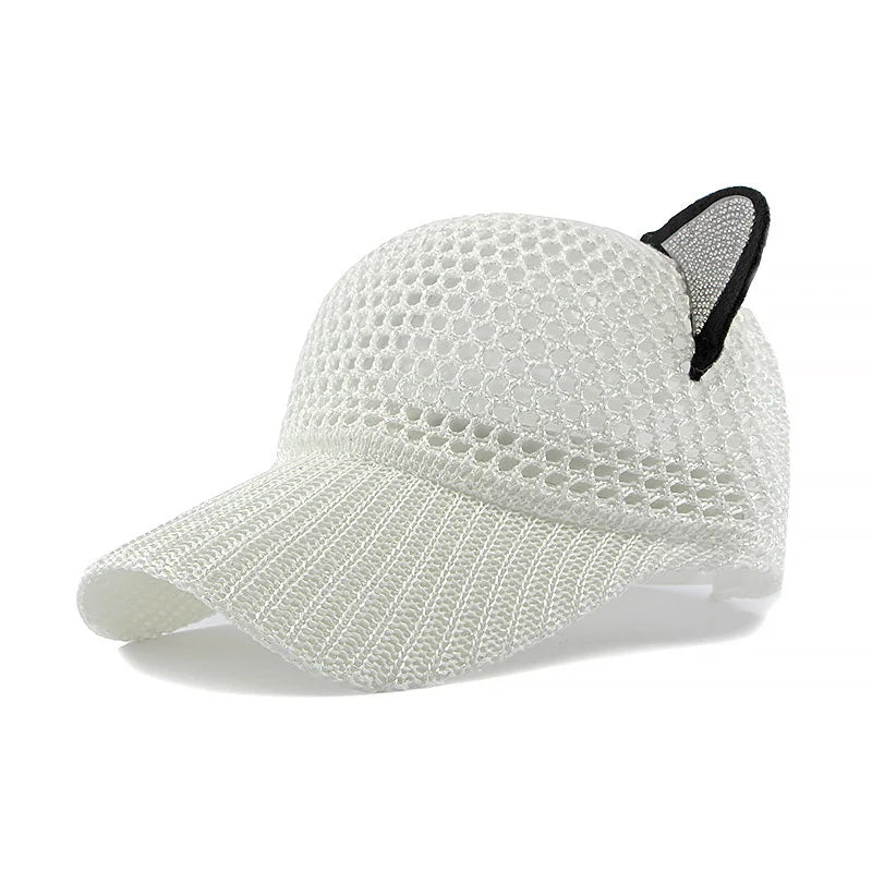 Sommer Damen Niedliche Katzenohren Mesh Baseballkappe | Verstellbarer Sonnenschutz Hut Kaufschwan® Weiß