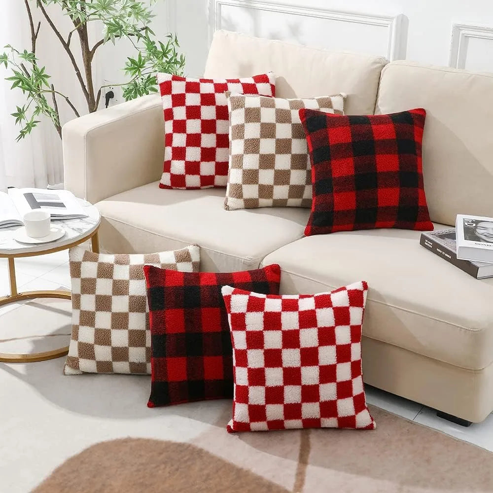 Schwarzer Kunstfell Woll Kissenbezug | Karierter Bezug für Sofa, Couch & Wohnzimmer | Wohnraum-Deko Kaufschwan®