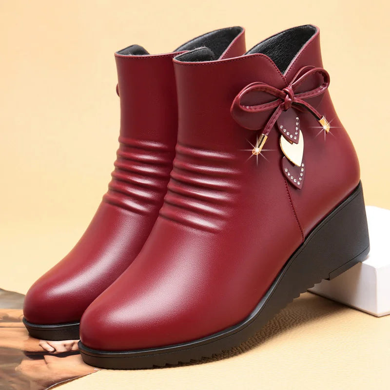 Damen Warme Baumwollschuhe – Weiche Leder Kunstfell Gefütterte Knöchelstiefel | Plateau Keilstiefel Rutschfest Kurzschaft Stiefel für Mütter