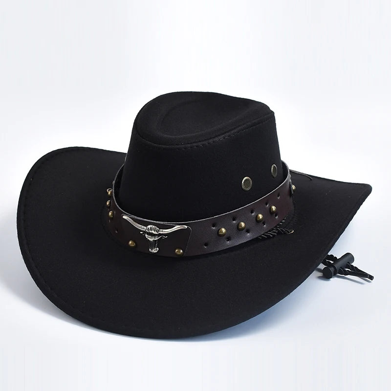 Künstlicher Wildleder Western Cowboy Hut – Vintage Großkrempe Gentleman & Cowgirl Jazz Hut, Feiertage, Party & Cosplay Kaufschwan® Schwarz 56-58cm