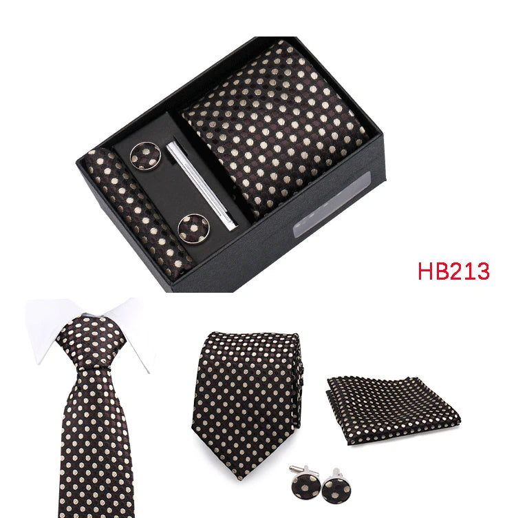 Herren Jacquard-Krawatten-Set 8 cm – Elegante Krawatte mit Einstecktuch, Manschettenknöpfen & Krawattenklammer | Luxus-Geschenkbox für Hochzeit & Business Kaufschwan®