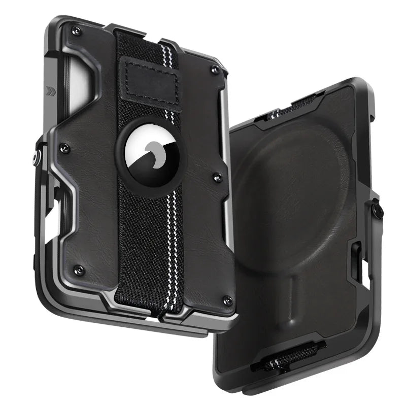 Aluminiumlegierung Carbonfaser MagSafe Wallet – 5-in-1 Multifunktionaler Kartenhalter mit Ständer, Griff, Flaschenöffner & RFID Schutz Kaufschwan® Schwarz