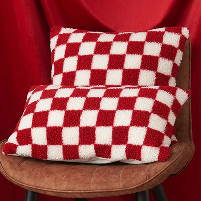 Schwarzer Kunstfell Woll Kissenbezug | Karierter Bezug für Sofa, Couch & Wohnzimmer | Wohnraum-Deko Kaufschwan® Rot 30x50cm