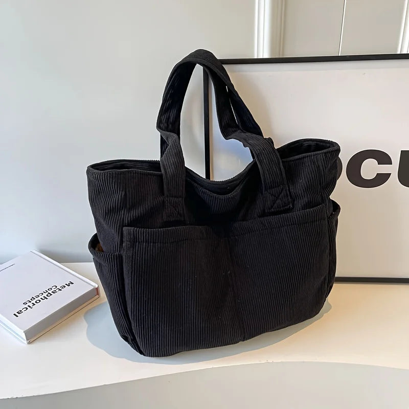 Damen Casual Cord Tote Bag – Gestreifte Schultertasche mit Reißverschluss | Große Kapazität Handtasche für Alltag & Shopping Kaufschwan® Schwarz
