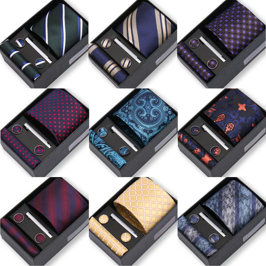 Herren Jacquard-Krawatten-Set 8 cm – Elegante Krawatte mit Einstecktuch, Manschettenknöpfen & Krawattenklammer | Luxus-Geschenkbox für Hochzeit & Business Kaufschwan®