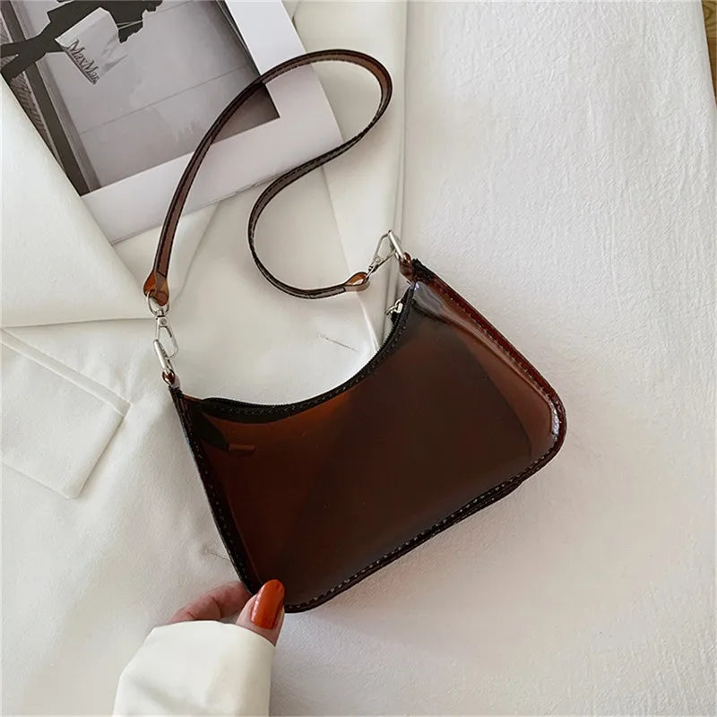 Transparente Jelly Umhängetasche – Kleine Zipper Underarm Tasche & Modische Handtasche für Damen Kaufschwan® Braun