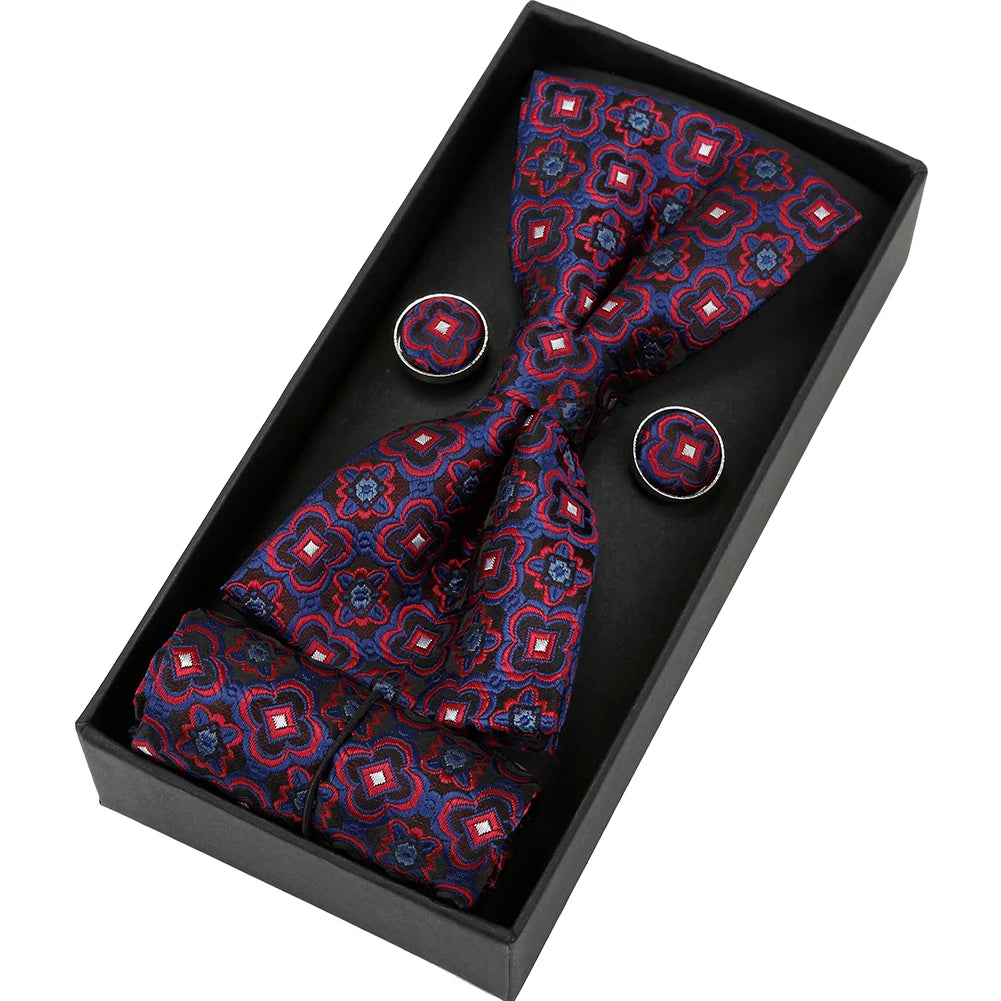 Herren Fliegen-Set mit Blumen-Paisley-Muster – 3-teiliges Geschenkset mit Fliege, Einstecktuch & Manschettenknöpfen | Elegantes Accessoire für Hochzeit & Business