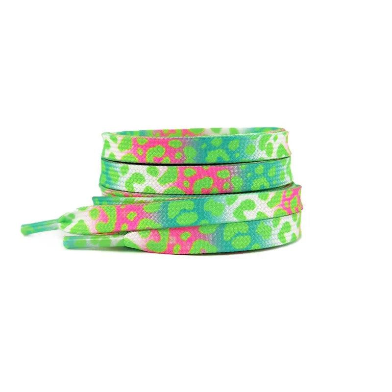Flache Modische Schnürsenkel – Leopardenmuster & Tie-Dye Farbverlauf | Stilvolle Laces für AF1, AJ1 & Leinensneaker Damen & Herren Kaufschwan® Grün Pink 160cm