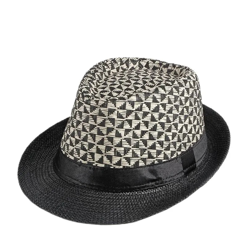 Retro Sonnenhut – Britischer Top Hat Stil, Geometrischer Strohhut mit Gürtel, Unisex Strand & Partner Fedoras Kaufschwan® Dreieck Schwarz 56- 58cm
