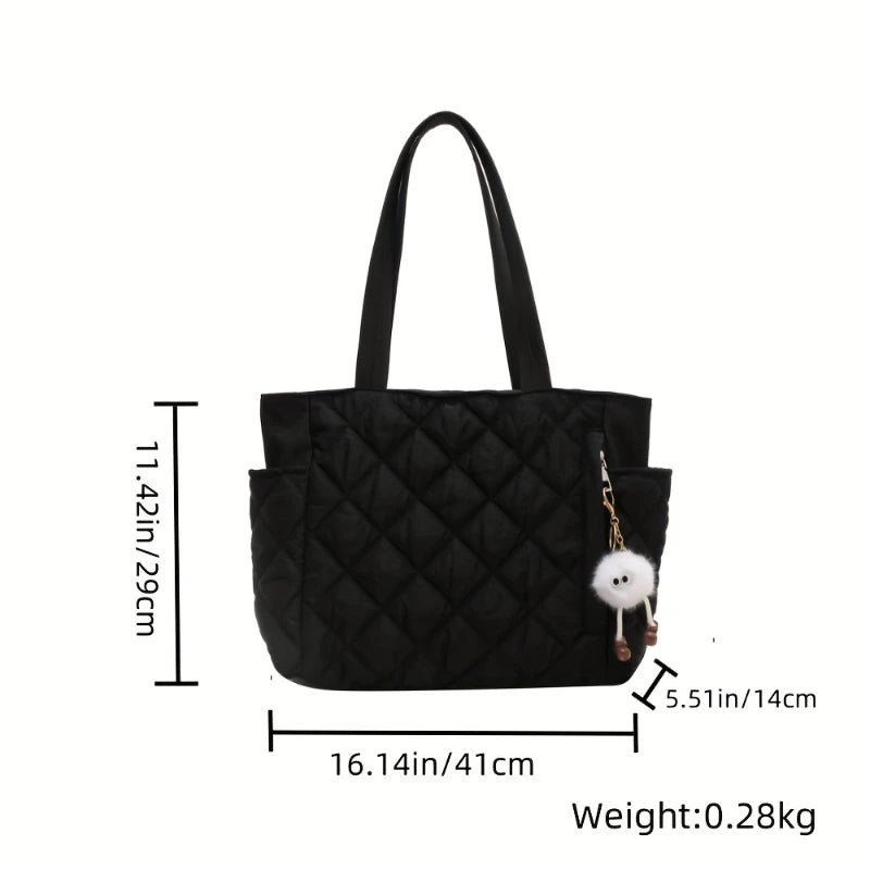 Schwarze Quilted Handtasche mit Großer Kapazität – Schultertasche im Karo-Design mit Mehreren Fächern & Plüsch Anhänger Kaufschwan®
