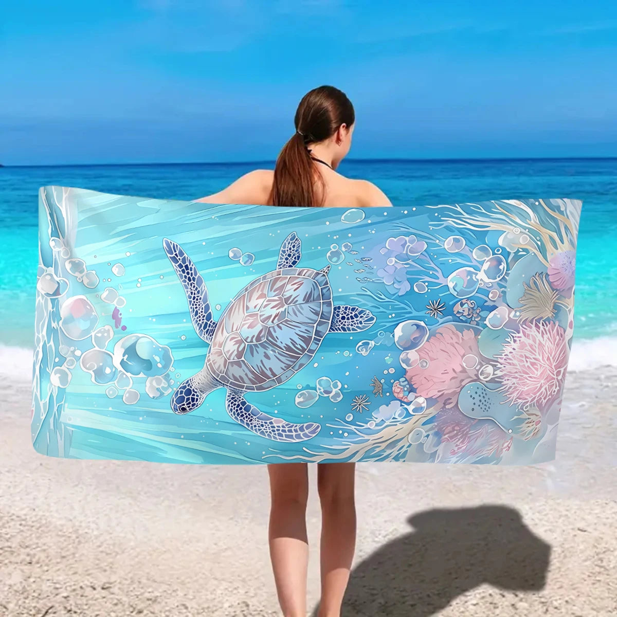 Großes Strandtuch mit Ozean-Motiv – Schildkröte, Seestern & Muschel Print | Schnell Trocknendes Saugfähiges Mikrofaser Strandtuch