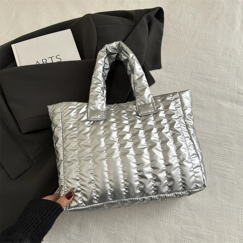 Damen Tote Bag mit Großer Kapazität – Gestepptes Nylon mit Baumwollpolsterung | Einfarbige Casual Fashion Schultertasche Kaufschwan® Silber