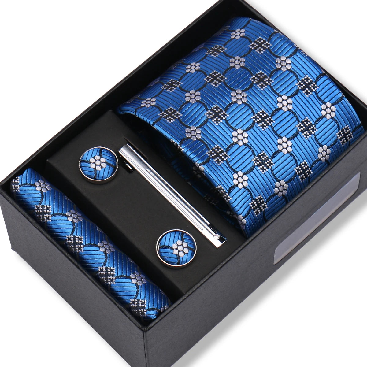 Herren Jacquard-Krawatten-Set 8 cm – Elegante Krawatte mit Einstecktuch, Manschettenknöpfen & Krawattenklammer | Luxus-Geschenkbox für Hochzeit & Business