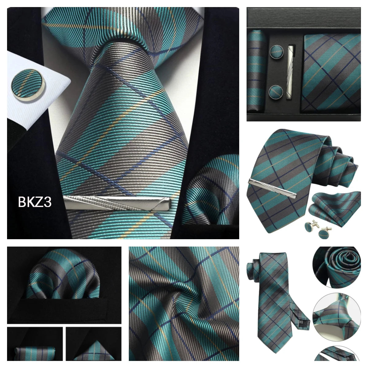 Herren Krawatten-Set aus 100% Seide – 8 cm Krawatte mit Einstecktuch & Manschettenknöpfen | Klassisches Geschenkset für Business & Hochzeit Kaufschwan®