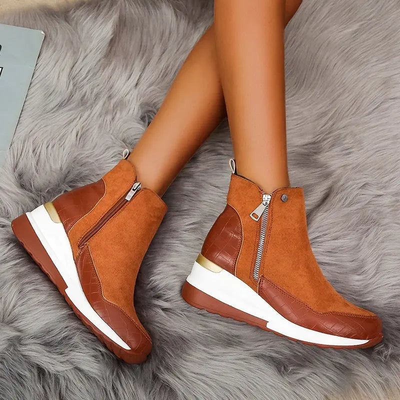Damen Winterstiefel – Modische Plateau Knöchelstiefel | Warme Kunstfell Gefütterte Keilabsatz Schneestiefel für Damen & Mädchen