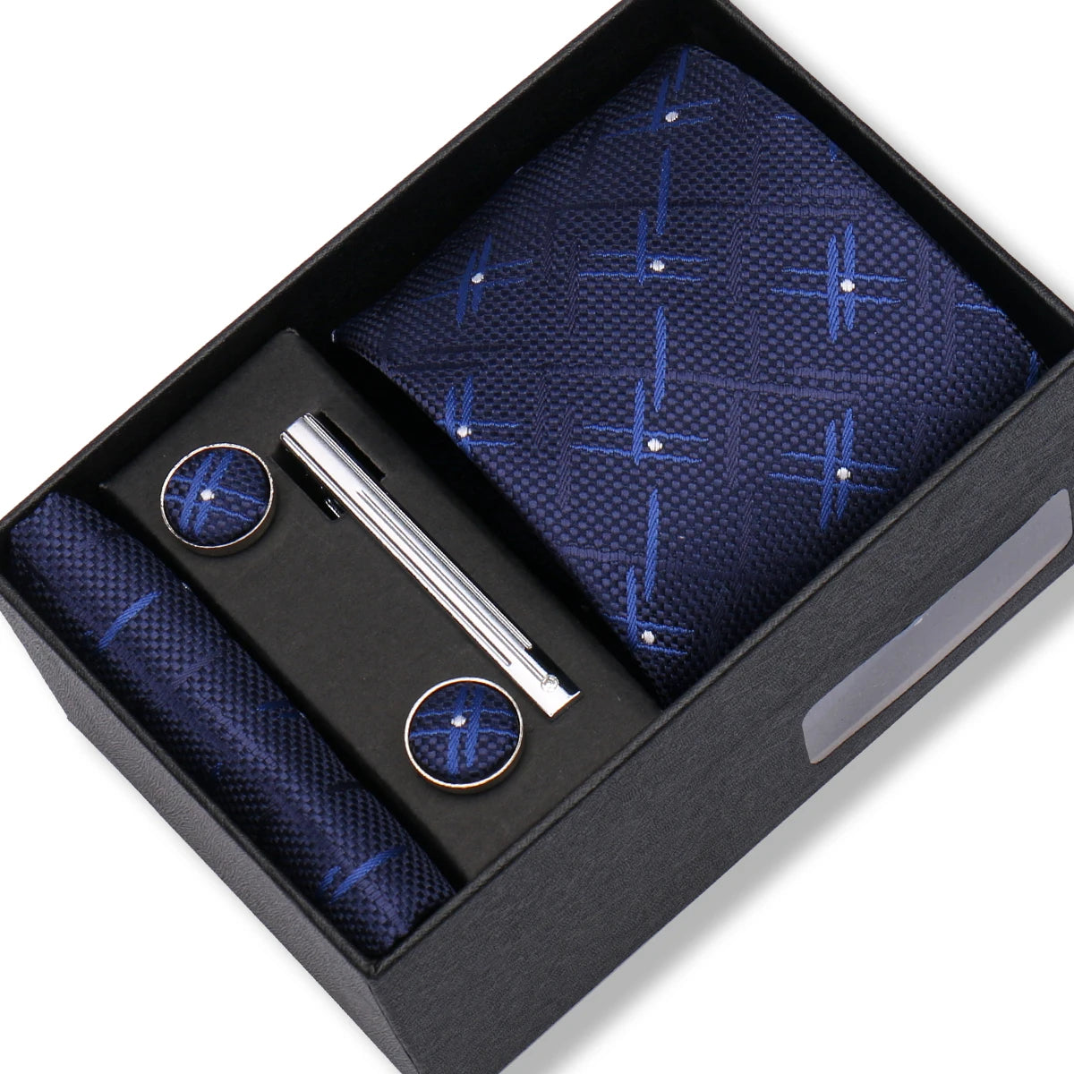 Herren Jacquard-Krawatten-Set 8 cm – Elegante Krawatte mit Einstecktuch, Manschettenknöpfen & Krawattenklammer | Luxus-Geschenkbox für Hochzeit & Business