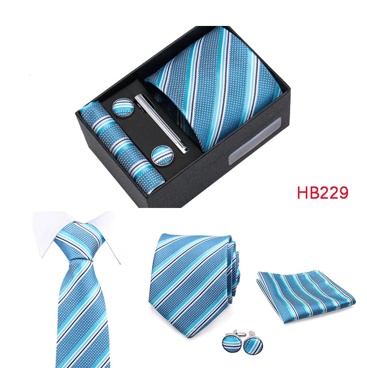 Herren Jacquard-Krawatten-Set 8 cm – Elegante Krawatte mit Einstecktuch, Manschettenknöpfen & Krawattenklammer | Luxus-Geschenkbox für Hochzeit & Business