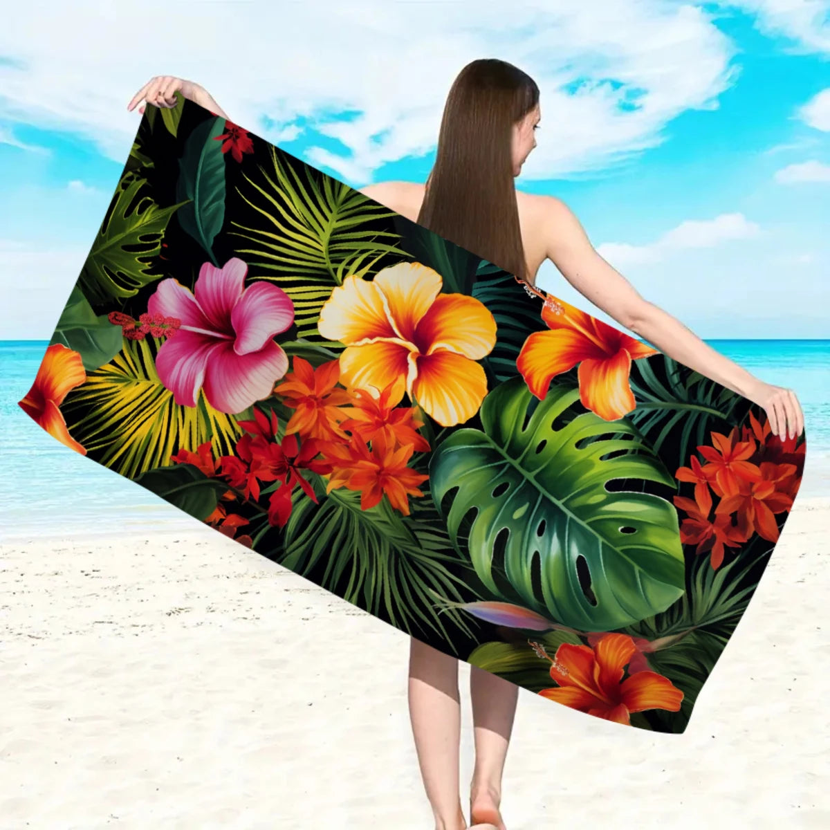 Tropisches Blumen Strandtuch – Schnell Trocknendes & Saugfähiges Mikrofaser Handtuch | Leichtes Reisehandtuch für Sport, Yoga, Schwimmen & Camping