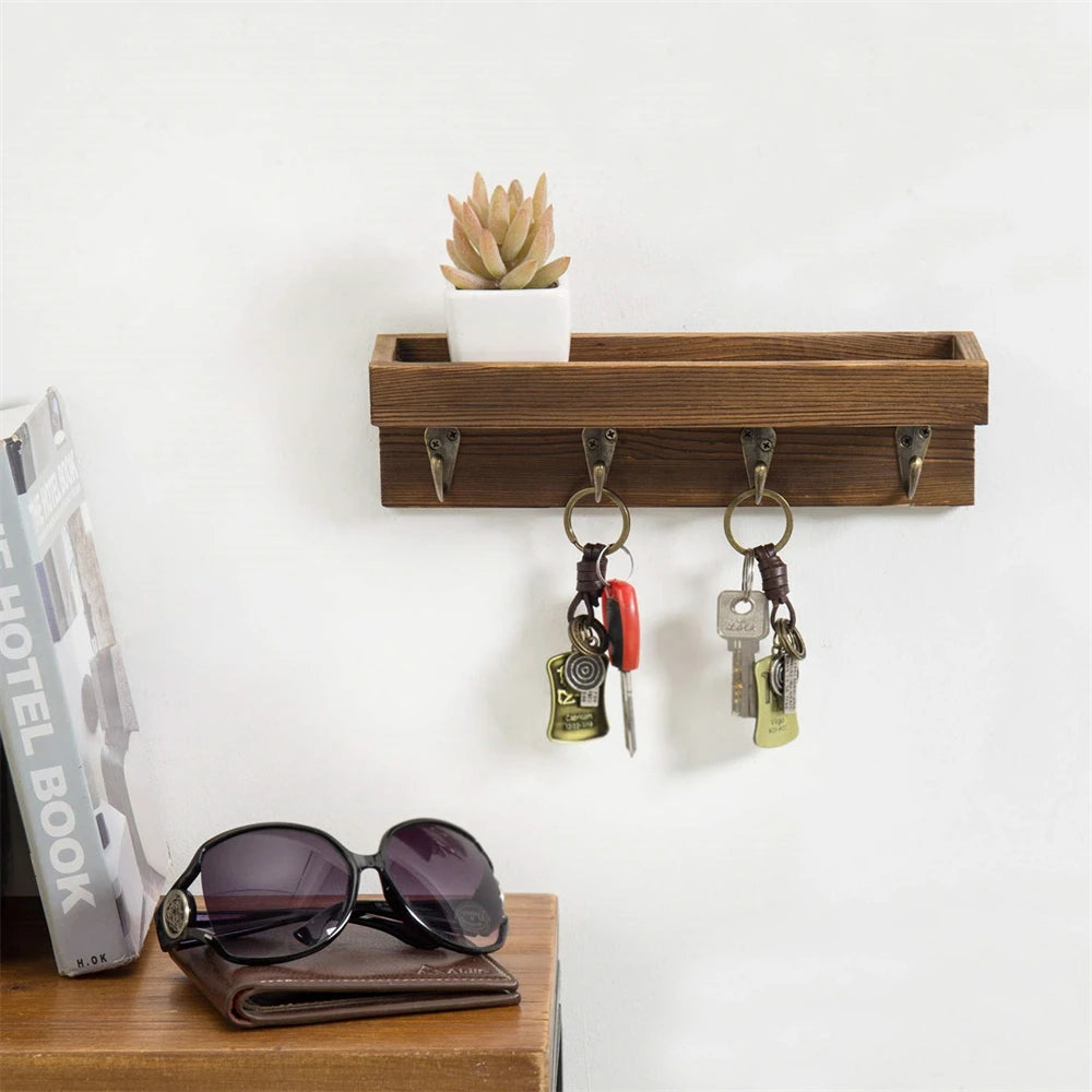 Schlüsselhalter aus Holz mit Ablage – Rustikaler Wand Organizer | Schwimmendes Regal mit 4 Metallhaken für Schlüssel, Leine, Sonnenbrille & Deko