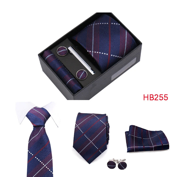 Herren Jacquard-Krawatten-Set 8 cm – Elegante Krawatte mit Einstecktuch, Manschettenknöpfen & Krawattenklammer | Luxus-Geschenkbox für Hochzeit & Business
