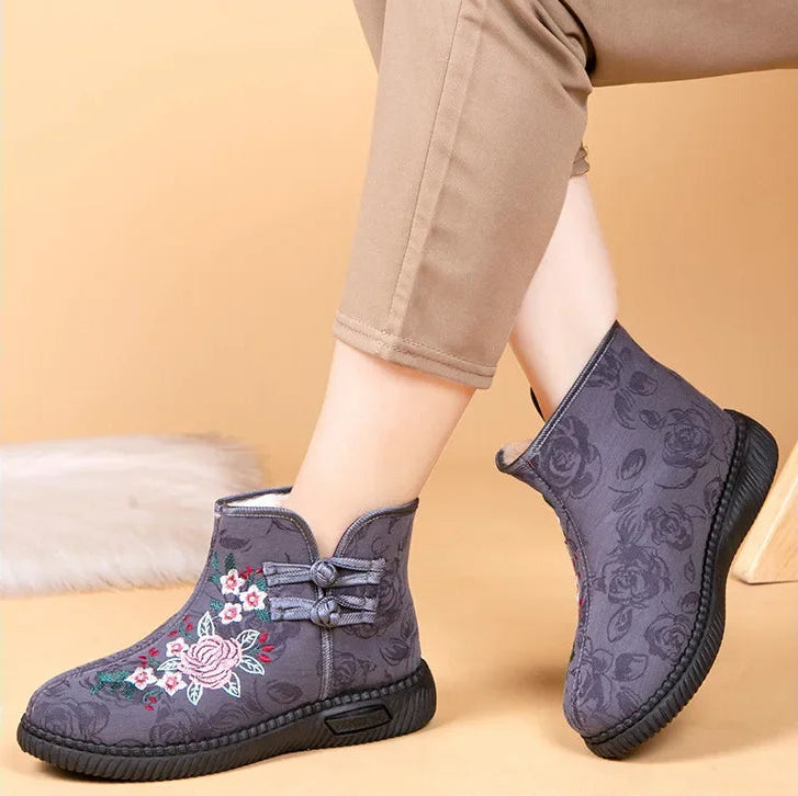 Damen Bestickte Schneestiefel – Mittelhohe Baumwollstiefel mit Kunstfell Fleece Futter | Warme Winter Schuhe für Mütter