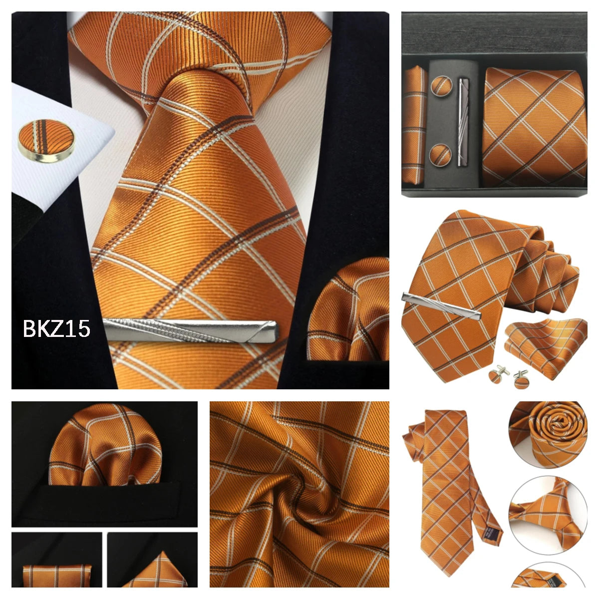 Herren Krawatten-Set aus 100% Seide – 8 cm Krawatte mit Einstecktuch & Manschettenknöpfen | Klassisches Geschenkset für Business & Hochzeit Kaufschwan®