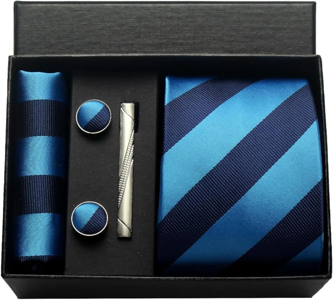Herren Krawatten-Set aus 100% Seide – 8 cm Krawatte mit Einstecktuch & Manschettenknöpfen | Klassisches Geschenkset für Business & Hochzeit