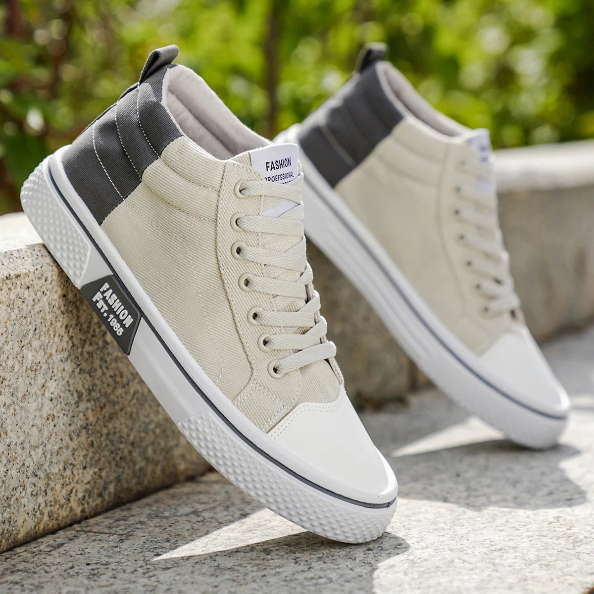 Herren Canvas Mid-Top Schuhe – Modische Leichte Sneaker | Bequeme Outdoor Wanderschuhe in Blau & Beige Kaufschwan® Beige 39