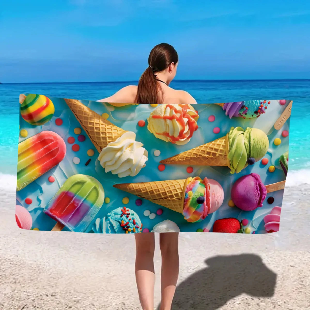 Strandtuch mit Eiscreme-Motiv – Schnell Trocknendes & Saugfähiges Mikrofaser Handtuch | Lustiges Sommer Handtuch für Reisen, Sport & Yoga