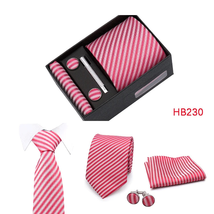Herren Jacquard-Krawatten-Set 8 cm – Elegante Krawatte mit Einstecktuch, Manschettenknöpfen & Krawattenklammer | Luxus-Geschenkbox für Hochzeit & Business