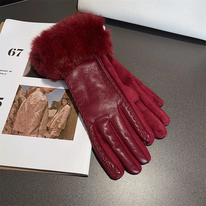 Luxus PU Lederhandschuhe für Damen – Warme Winterhandschuhe mit Kunstfellbesatz | Elegant Gefütterte Handschuhe für Partys & Kaltes Wetter Kaufschwan® Rot Einheitsgröße